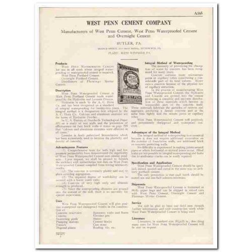 WEST PENN CEMENT COMPANY 1931 waterproofed integral vintage catalog