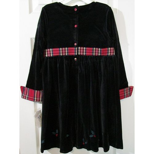 NWT Charter Club Girl's Black Velvet with Red Plaid Trim Holiday Dress, 6