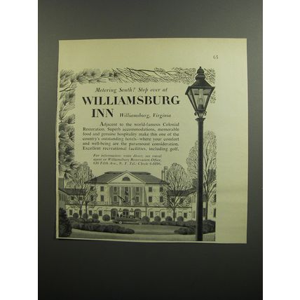 1952 Williamsburg Inn Ad - Motoring South? Stop over at Williamsburg Inn