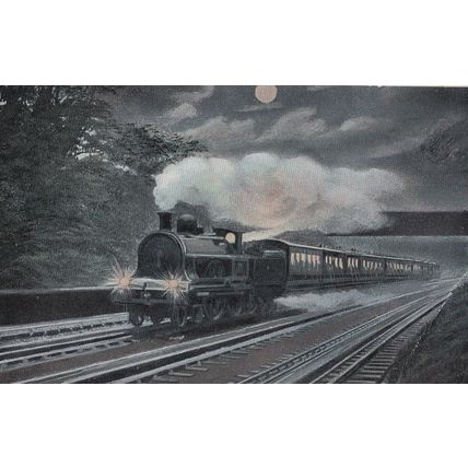 LNWR 4-4-0 Train at Night Headlights Glaring Irish Mail Train Postcard