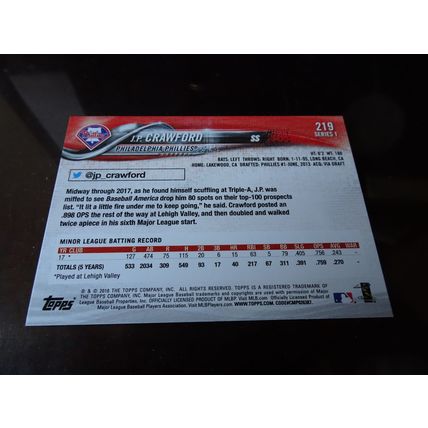 2018 Topps Card # 219 J.P. Crawford Near Mint (7) Philadelphia Phillies (AA)