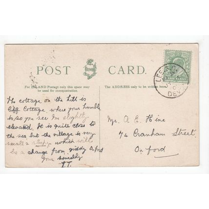 1909 Lee S.O. Devon Single Ring Postmark on Postcard