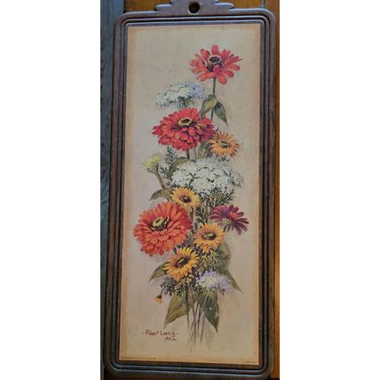 Vintage ROBERT LAESSIG Plastic Frame Lithograph Zinneas Flowers Wall Art 17"