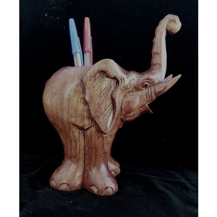 Elephant Pen Holder Carved Wood Desk Top Ornament