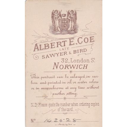 VICT. CDV PHOTO -LADY, BUTTONED DRESS/FASHION BY ALBERT COE, NORWICH