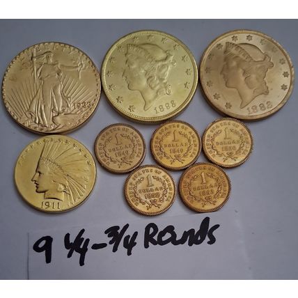 9 Golden Coin Reproduction Coins 1/4 to 3/4 Rounds BU Mint US Lot 1849-1933