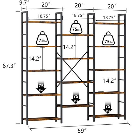 Shintenchi Triple 5 Tier Bookshelf, Industrial Large Bookcase with 14 Open Displ