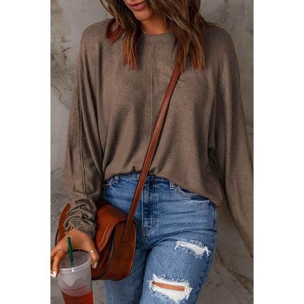 Brown Fiery Solid Color Patchwork Long Sleeve Top