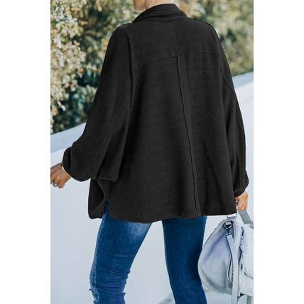 Black Plus Size Long Sleeve Flap Pocket Henley Top