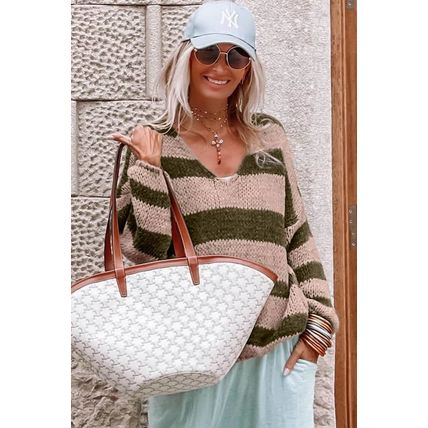 Green Striped Colorblock Knit V Neck Loose Fit Sweater