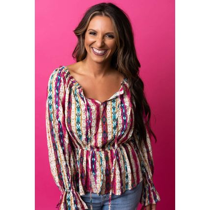 Multicolour Western Aztec Split Neck Peplum Blouse