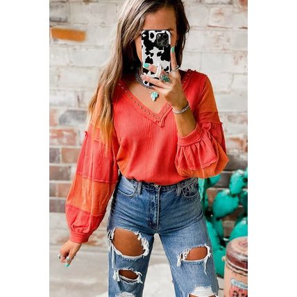 Red Studded V Neckline Exposed Seam Textured Knit Top