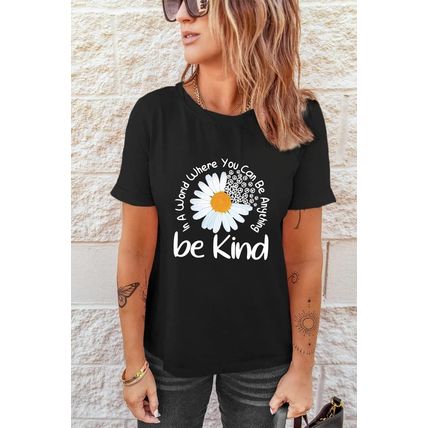 Black be kind Daisy Slogan Print Crewneck Casual Tee