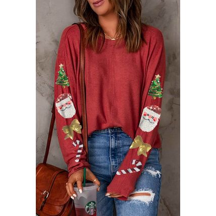 Red Sequined Christmas Favor Sleeve Casual Pullover