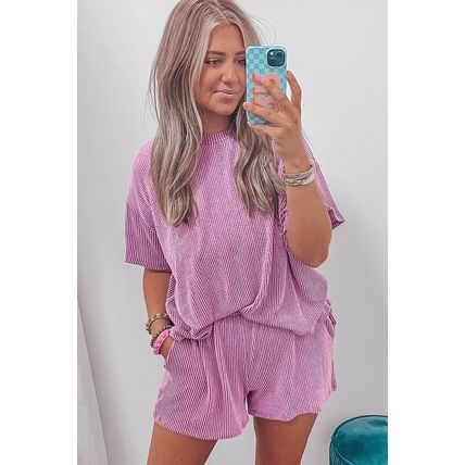 Phalaenopsis Ribbed Knit T Shirt and Shorts Plus Size Lounge Set