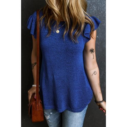Dark Blue Ruffle Sleeve Knitted Sweater Top