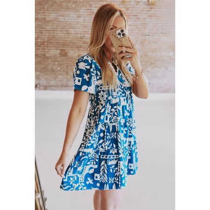 Blue Ricrac Trim Split Neck Floral Loose Dress