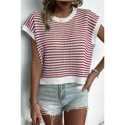 Red Stripe Ribbed Trim Loose Fit Knitted Sweater Vest