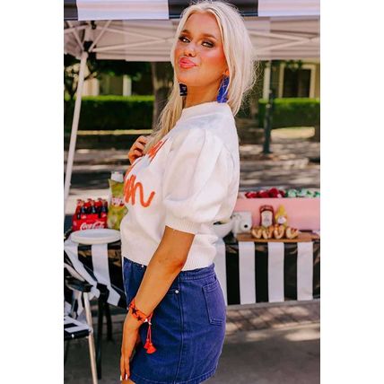 White Touchdown Tinsel Puff Short Sleeve Crew Neck Sweater