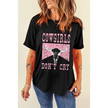 Black COWGIRL DONT CRY Steer Head Print Short Sleeve Top