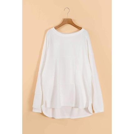 White Solid Color Patchwork Drop Shoulder Baggy Sweatshirt