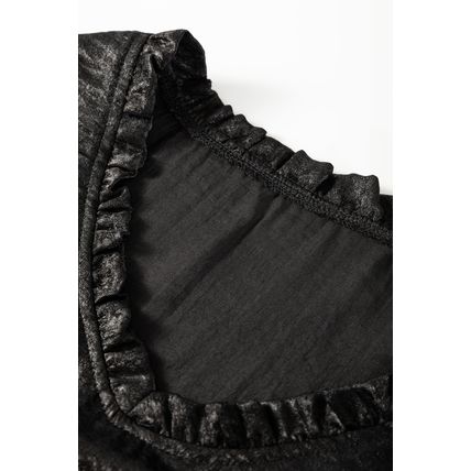 Black Metallic Frilled V Neck Puff Sleeve Babydoll Blouse