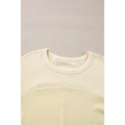 Beige Thermal Knit Patchwork Exposed Seam Long Sleeve Top