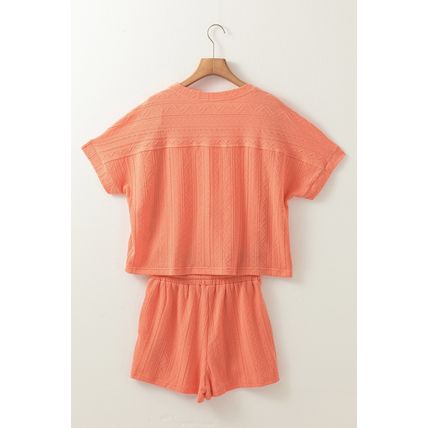 Pale Chestnut Textured Patched Pocket Short Sleeve Top Drawstring Shorts Set