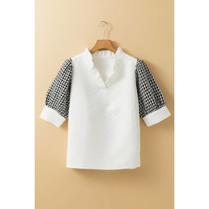 White Geometric Textured Short Sleeve Frilly V Neck Blouse