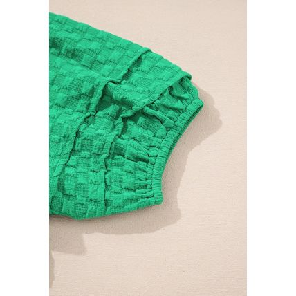 Bright Green Textured Puff Short Sleeve Notched V Neck Top