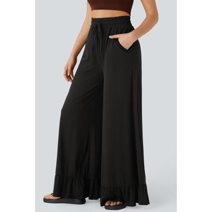 Black Ruffled Wide Leg Pull On High Waist Pants with Pockets