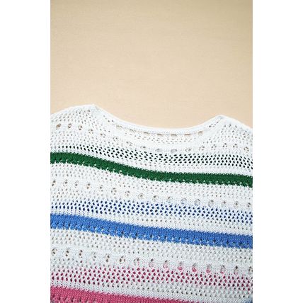 White Color Block Striped Pointelle Knit Sweater
