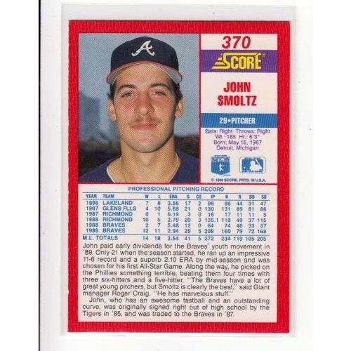 1990 Score John Smoltz baseball card #370 – HOF - Braves