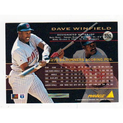 1994 Pinnacle baseball Dave Winfield card #442 - NM - HOF-Twins