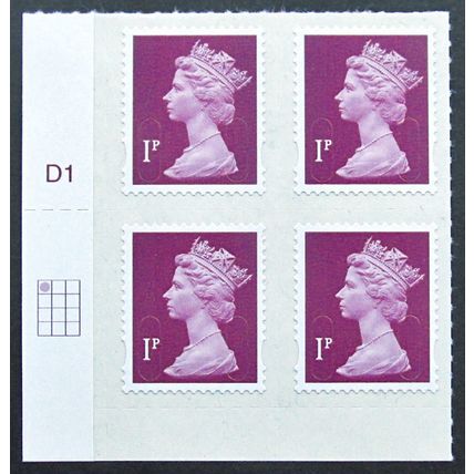 GB 2011 Machin SGU3055 1p Crimson 2B Block of 4 Cylinder Margin No Overprint MNH