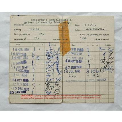 1959 payment card F. Guy, Alsager - Children's Encyclopedia & Modern University