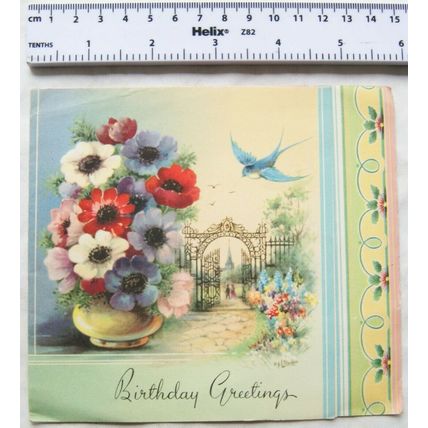 1953 Birthday card - anemonies & bluebird