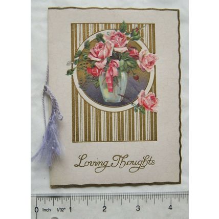 vintage: Loving Thoughts card - vase of pink roses