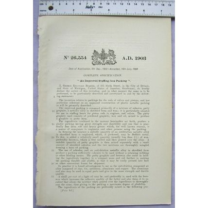 1903 Patent No. 26,554 stuffing-box packing, George Reginald Beamer, Detroit