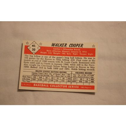 Walker Cooper 1983 Card Collectors 1953 BOWMAN BLACK & WHITE REPRINT NO. 30