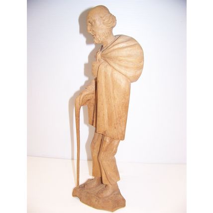 HAND CARVED WOOD SCULPTURE OLD MAN w/ STICK / CANE 16" TALL