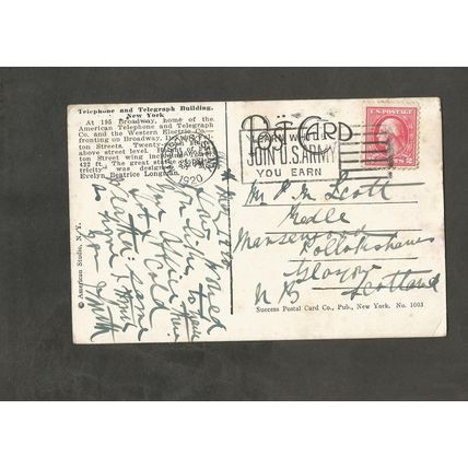 Postcard USA New York Telephone and Telegraph Building 1920 postmark