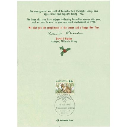 AUSTRALIA 1992 50c KOALA BEAR CHRISTMAS CARD CHRISTMAS HILLS CANCEL AUS POST