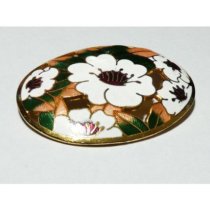 VINTAGE 1990 Large Goldtone Oval White/Green/Pink Champleve Enamel Floral BROOCH
