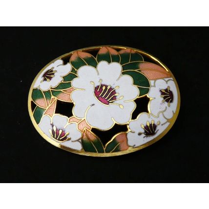 VINTAGE 1990 Large Goldtone Oval White/Green/Pink Champleve Enamel Floral BROOCH