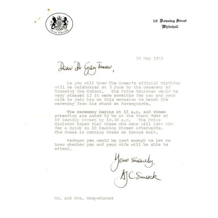 1972 Trooping The Colour 10 Downing Street Hand Signed Letter