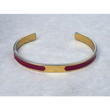 Gold Tone Cuff Bracelet with Deep Pink Enamel, Minimalist Adjustable Bangle