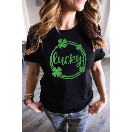 Black St Patrick Sequin Lucky Clover Print Short Sleeve T-shirt
