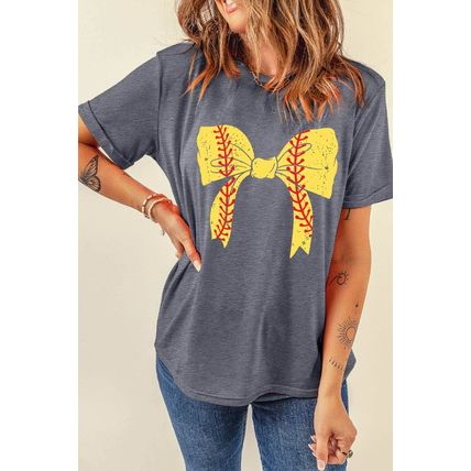 Gray Baseball Bowknot Graphic Casual Tee