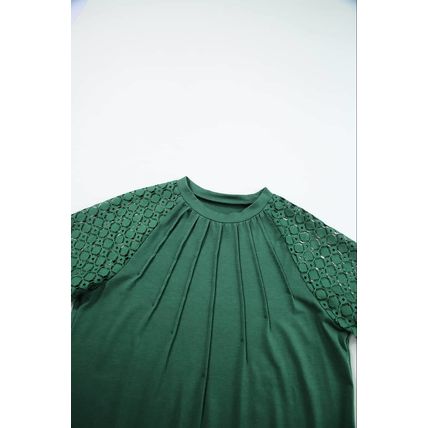 Blackish Green Seamed Detail Contrast Lace Raglan Sleeve Tee